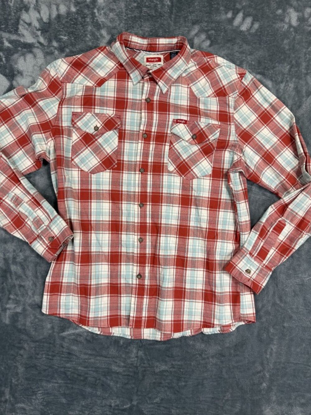 Wrangler Mens Red & White Plaid Long Sleeve Western Snap Shirt Size L
